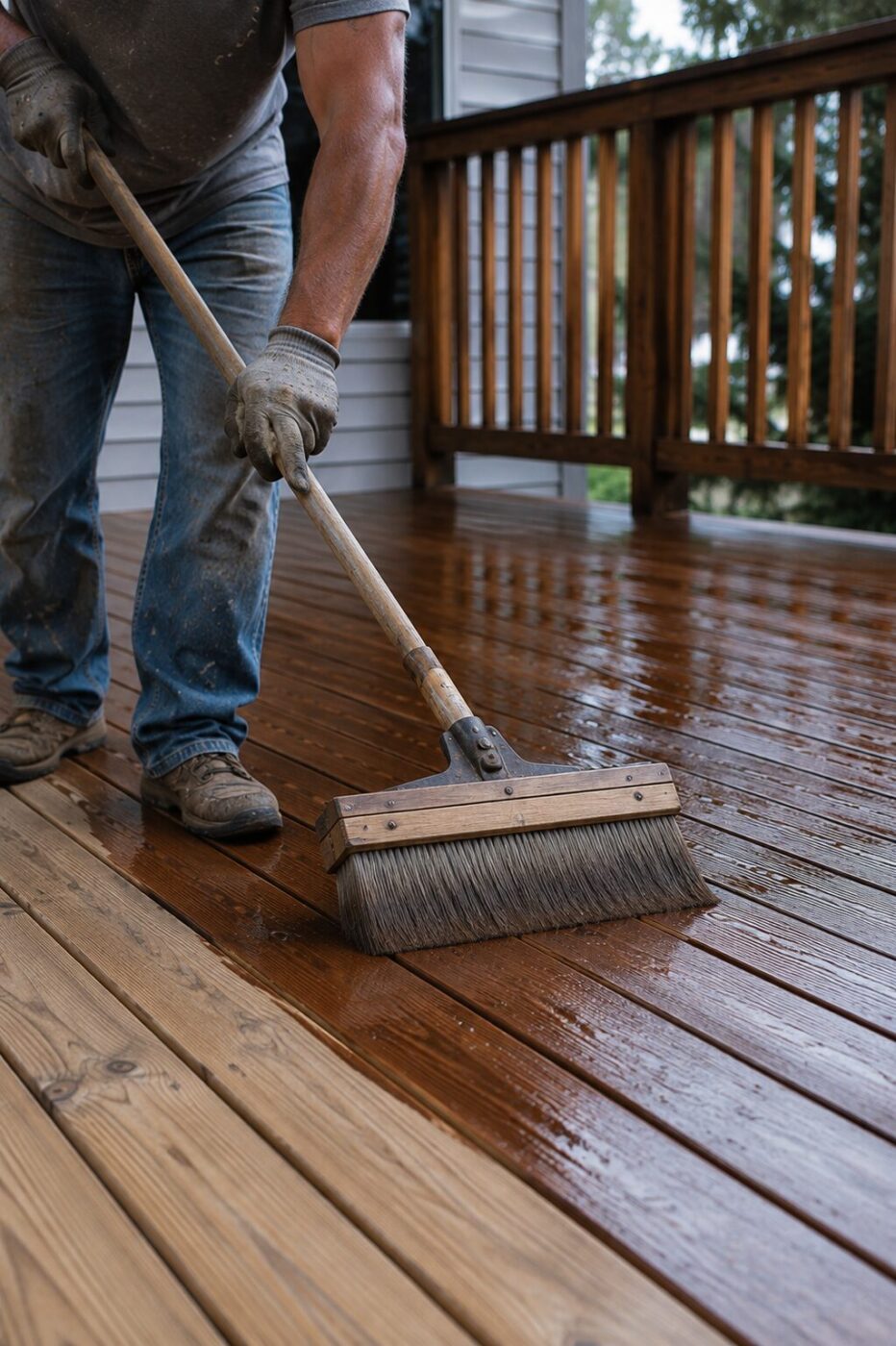 Worker brushing stain onto a wood deck
